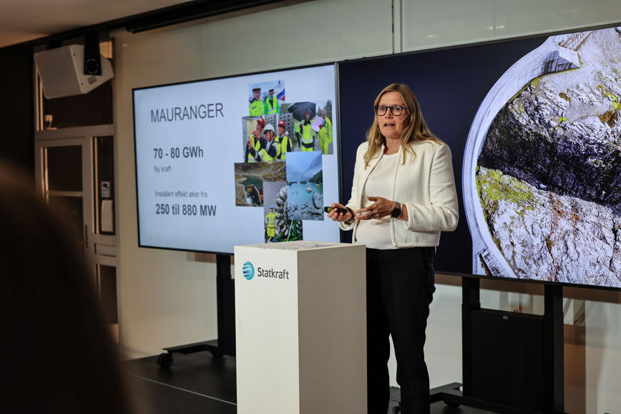 Dame står på et podium og presenterer på en pressekonferanse