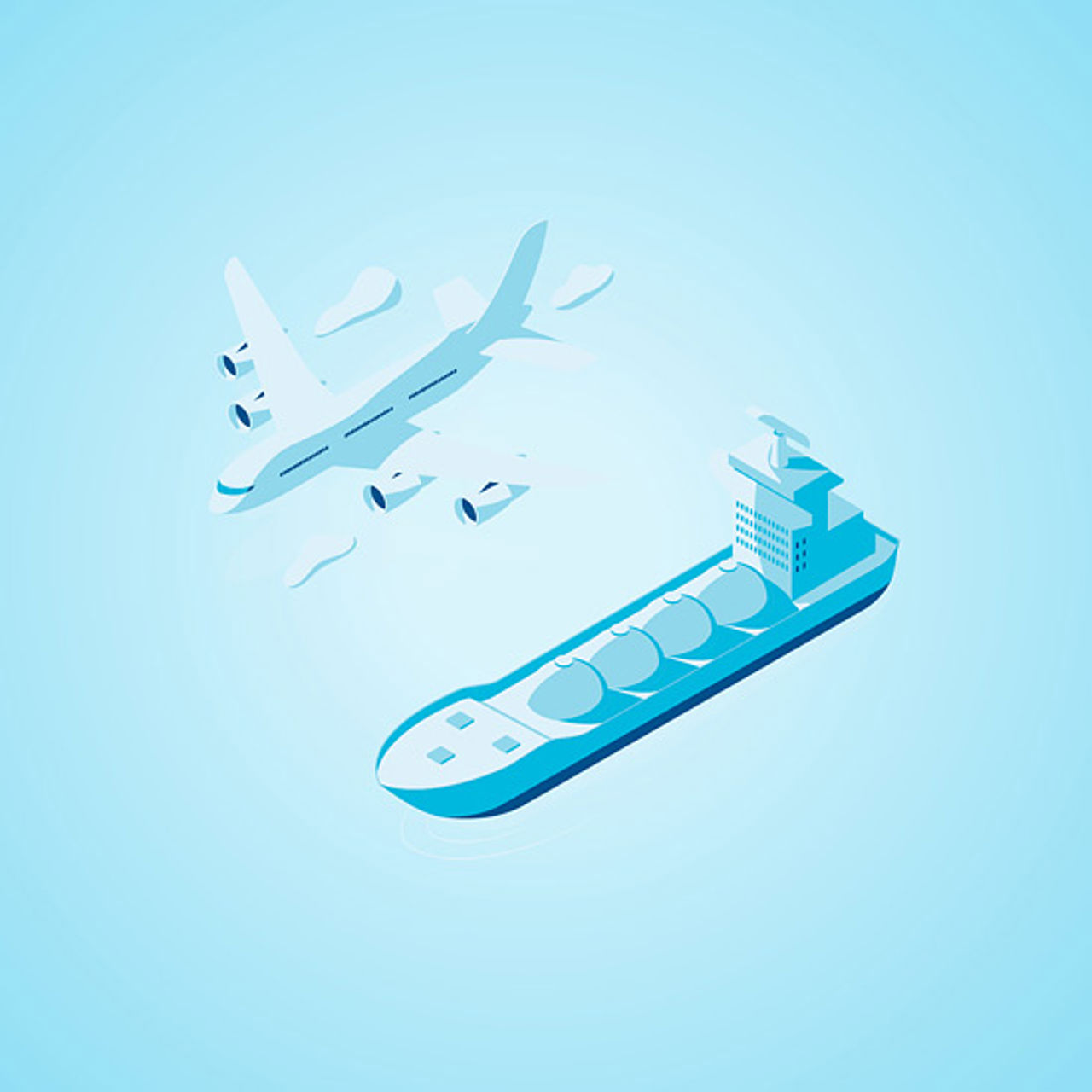 Illustrasjon av transport med fly og skip