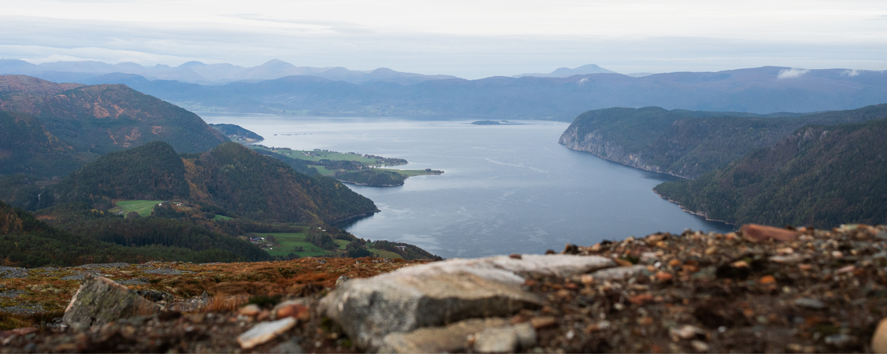 Bilde ned på en fjord fra toppen av et fjell