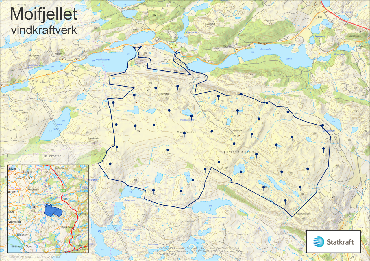 Kart over omr&aring;det vindturbinene kan komme til &aring; plasseres